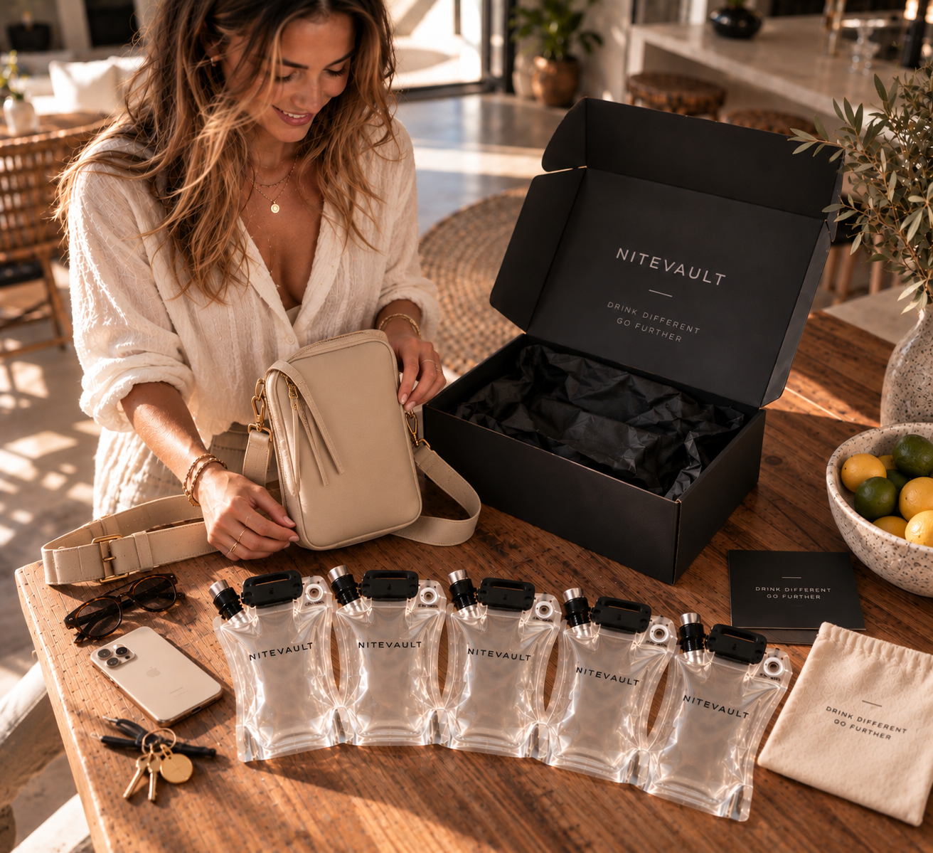 Unboxing the Ibiza edition sling with its five bio-pouches on the table