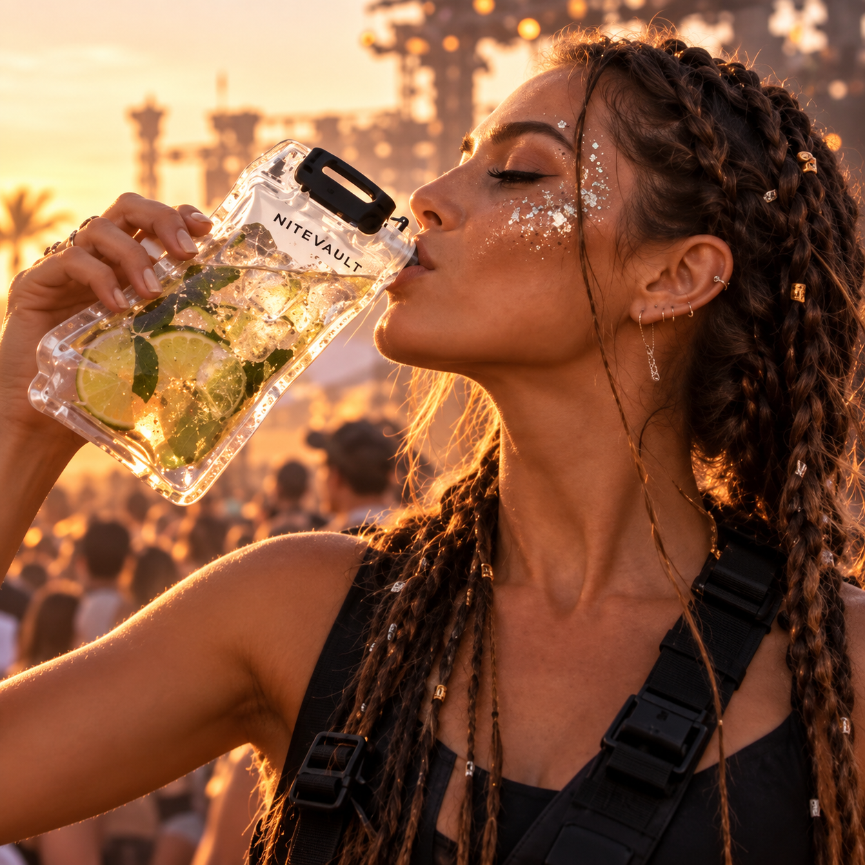 A festival-goer sipping hands-free from a Nitevault pouch, mid-set