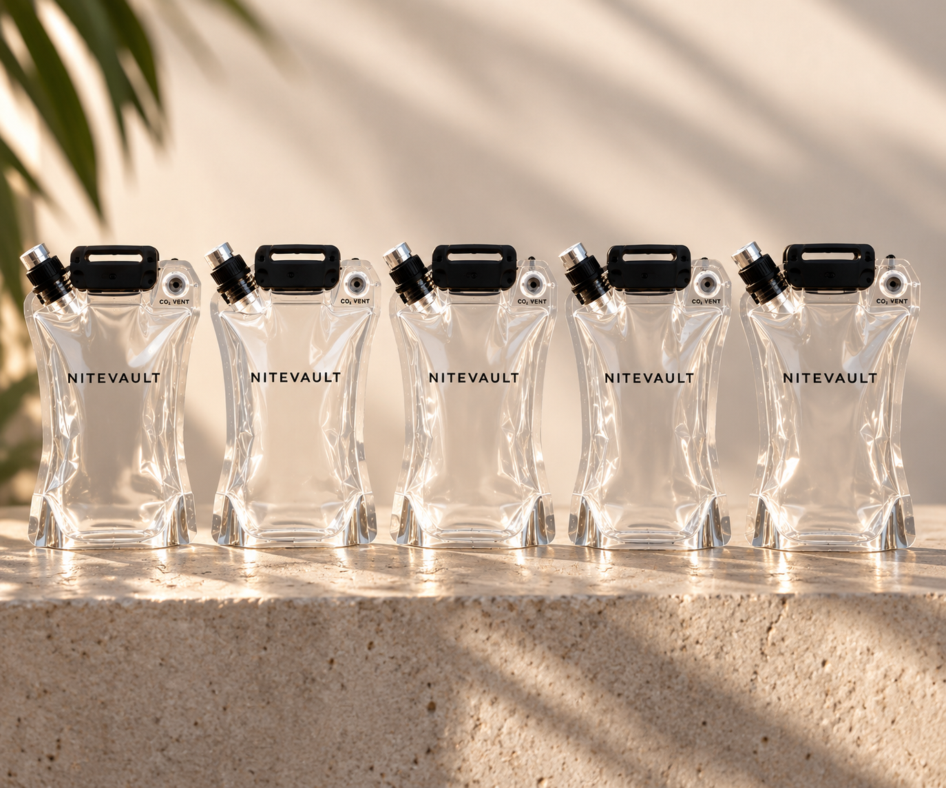 Set of five transparent Nitevault bio-pouches standing upright
