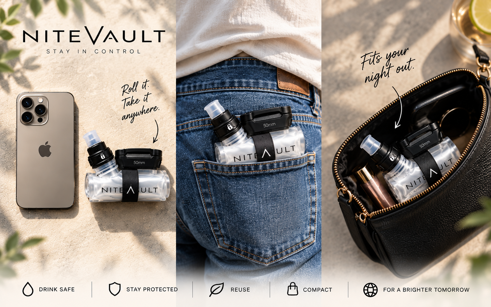 Nitevault pouch rolled up next to a smartphone, stored in a jeans back pocket, and inside a mini handbag